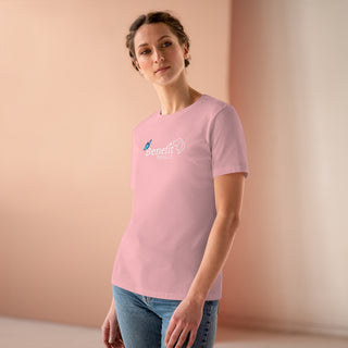 Lincoln Butterfly Women's Premium Tee in Pink. Shown is the front of shirt with Benefit Beagle Logo kissed by butterfly. The back of shirt showcases profile of a dog with a blue butterfly on its nose and the phrase "Kindness is Strength" next to it.