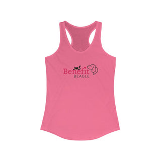 Meow Women's Racerback Tank in Hot Pink. Shown is front of shirt with the Benefit Beagle Logo featuring a peeping cat. The back showcases a wide eyed black cartoon cat with the phrase "Chatty Cat" above it.