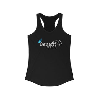 Lincoln Butterfly Women's Ideal Racerback Tank in Black. Shown is the front of shirt with Benefit Beagle Logo kissed by butterfly. The back of shirt showcases profile of a dog with a blue butterfly on its nose and the phrase "Kindness is Strength" next to it.