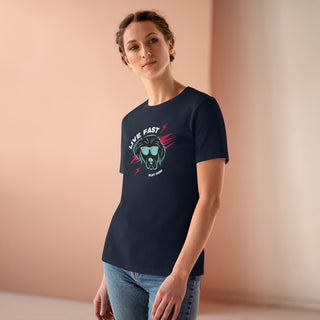 Play Hard Women's Premium Tee Shirt in Navy. The design features a cool dog with sunglasses and lightening bolts around it. The phrase "Live Fast, Play Hard" is around the design.