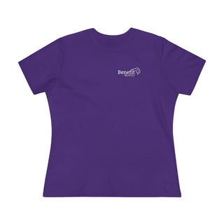 Live in the Moment Women's Premium Tee in Purple. The Live in the Moment design features the Benefit Beagle logo in the top corner of the garment.