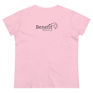 Easily Distracted Women's Midweight Cotton Tee in  Pink. Shown is back design with the classic Benefit Beagle Logo. The front design features a dog waving with the saying "Easily Distracted by Dogs" below it.