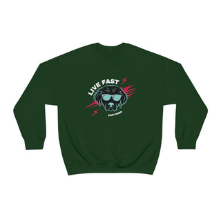 Play Hard Unisex Heavy Blend Crewneck Sweatshirt in Forest Green. The design features a cool dog with sunglasses and lightening bolts around it. The phrase "Live Fast, Play Hard" is around the design.