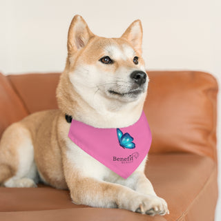 Dog wearing the Lincoln Butterfly Dog Collar Bandana in Pink. The Lincoln Butterfly design features the Benefit Beagle logo with a blue butterfly above it. Comes with adjustable black collar.