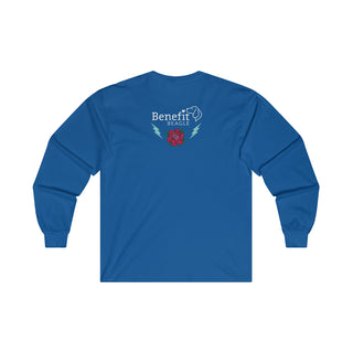 Stay Wild Ultra Cotton Long Sleeve Tee in Royal.   Shown is the back of shirt with Benefit Beagle Logo complete with Tattoo Rose. On front of shirt is Stay Wild Design featuring a tattoo style rose with the phrase "Stay Wild, Play Hard" around it.