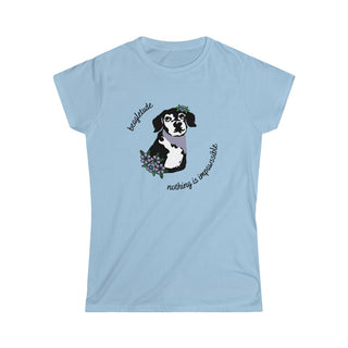 Signature Tattoo Flowers Women's Softstyle Tee in Light Blue. Shown is front of shirt with the Signature Tattoo Flowers design featuring a dog with flowers around it and the phrase "Beagletude" and "Nothing is Impawssible". Back of shirt features the Benefit Beagle Logo.