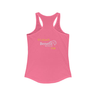 Beagle-Thirty Mugs Women's Racerback Tank in Hot Pink. Shown is back of shirt featuring "Beagle-Thirty" Benefit Beagle Logo. The front Showcases Two Dog Adorned Mugs clinking with, "It's Beagle-Thirty" written above it.