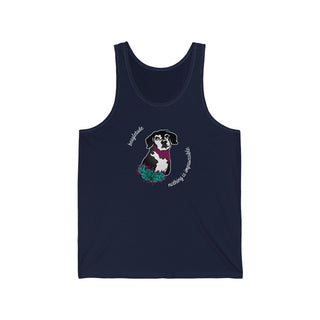 Signature Tattoo Roses Unisex Jersey Tank in Navy. Shown is front of shirt with the Signature Tattoo Roses design featuring a dog with roses around it and the phrase "Beagletude" and "Nothing is Impawssible". Back of shirt features the Benefit Beagle Logo.