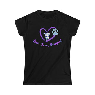 Live, Love, Beagle Women's Softstyle Tee in Black. The Live, Love, Beagle design features a dog running through a heart with the phrase "Live, Love, Beagle!" under it.