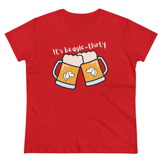 Beagle-Thirty Mugs Women's Midweight Cotton Tee in Red. The front of shirt showcases Two Dog Adorned Mugs clinking with the saying, "It's Beagle-Thirty" above it. Back of shirt features corresponding Benefit Beagle Logo.