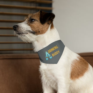 Dog wearing Beagle-Thirty Mugs Dog Collar Bandana in Grey. The Beagle-Thirty Mugs design features two dog paw labeled bottles clinking with the saying "Drinking buddy". Comes with adjustable black collar.