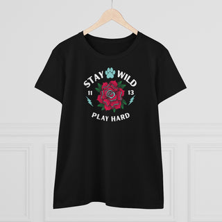 Stay Wild Women's Midweight Cotton Tee in Black. Shown is front of Stay Wild Design features a tattoo style rose with the phrase "Stay Wild, Play Hard" around it. The back of shirt features the Stay Wild Benefit Beagle Logo Design.