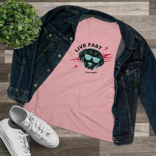 Play Hard Women's Premium Tee Shirt in Pink. The design features a cool dog with sunglasses and lightening bolts around it. The phrase "Live Fast, Play Hard" is around the design.