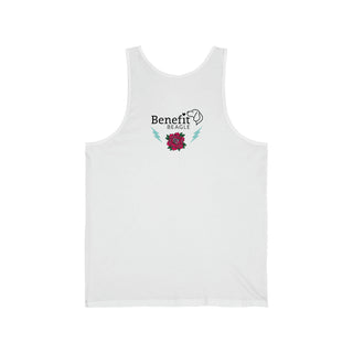 Stay Wild Premium Unisex Tank in White. Shown is the back of shirt with Benefit Beagle Logo complete with Tattoo Rose. On front of shirt is Stay Wild Design featuring a tattoo style rose with the phrase "Stay Wild, Play Hard" around it.