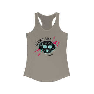 Play Hard Women's Ideal Racerback Tank in Warm Grey. The design features a cool dog with sunglasses and lightening bolts around it. The phrase "Live Fast, Play Hard" is around the design.