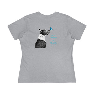 Lincoln Butterfly Women's Premium Tee in Athletic Heather. Shown is back of shirt design showcasing profile of a dog with a blue butterfly on its nose and the phrase "Kindness is Strength" next to it. The front of shirt has Benefit Beagle Logo kissed by a Butterfly.