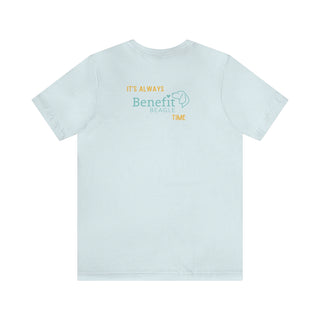 Beagle-Thirty Bottles Unisex Jersey Short Sleeve Tee in Heather Ice Blue. Shown is back of shirt featuring "Beagle-Thirty" Benefit Beagle Logo. The front Showcases Two Paw Labeled Bottles clinking with, "It's Beagle-Thirty" written next to it.