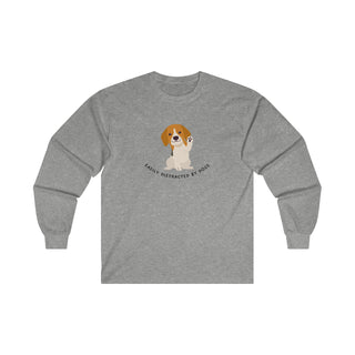 Easily Distracted Ultra Cotton Long Sleeve Tee in Sport Grey. Shown is front design featuring a dog waving with the saying "Easily Distracted by Dogs" below it. The back of shirt has the classic Benefit Beagle Logo.