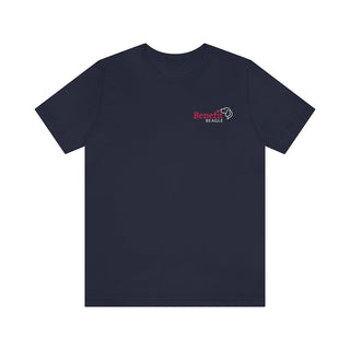 Different Pawspective Unisex Jersey Short Sleeve Tee in Navy. Shown is front of shirt with Benefit Beagle logo in the top corner . On the back is large colorful pawprint with the the phrase "Life is all about finding the beauty in a different pawspective" circled around it.