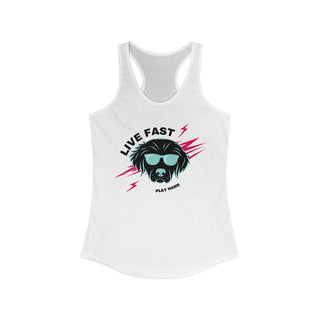 Play Hard Women's Ideal Racerback Tank in White. The design features a cool dog with sunglasses and lightening bolts around it. The phrase "Live Fast, Play Hard" is around the design.