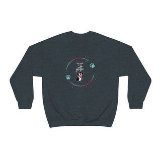 Dog Hair is my Glitter Unisex Crewneck in Dark Heather. The Dog Hair is my Glitter design features a dog with the phrase "Dog Hair is my Glitter" above it and it is surrounded by a circle with paw prints.