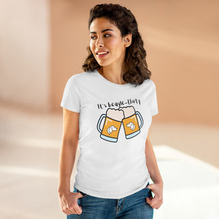 Beagle-Thirty Mugs Women's Midweight Cotton Tee in White. The front of shirt showcases Two Dog Adorned Mugs clinking with the saying, "It's Beagle-Thirty" above it. Back of shirt features corresponding Benefit Beagle Logo.