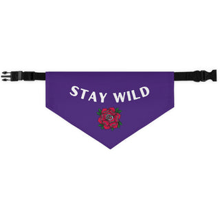 Stay Wild Dog Collar Bandana in Purple. The Stay Wild design features the phrase "Stay Wild" with a tattoo style rose under it. Comes with adjustable black collar.