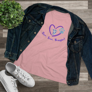 Live, Love, Beagle Women's Premium Tee in Pink. The Live, Love, Beagle design features a dog running through a heart with the phrase "Live, Love, Beagle!" under it.