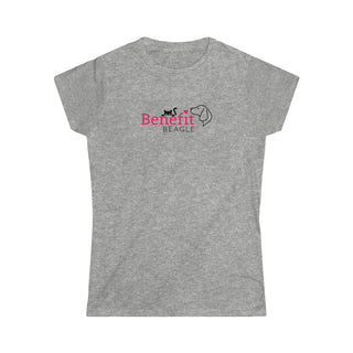 Meow Women's Softstyle Tee in Sport Grey. Shown is front of shirt with the Benefit Beagle Logo featuring a peeping cat. The back showcases a wide eyed black cartoon cat with the phrase "Chatty Cat" above it.