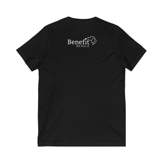 Easily Distracted Unisex Jersey Short Sleeve V-Neck Tee in Black. Shown is back design with the classic Benefit Beagle Logo. The front design features a dog waving with the saying "Easily Distracted by Dogs" below it.