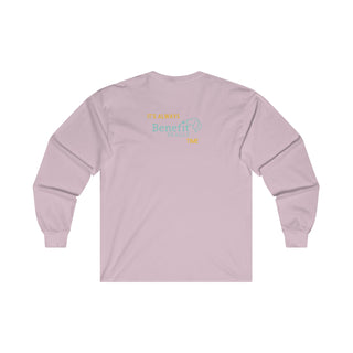 Beagle-Thirty Bottles Unisex Ultra Cotton Long Sleeve Tee in Light Pink. Shown is back of shirt featuring "Beagle-Thirty" Benefit Beagle Logo. The front Showcases Two Paw Labeled Bottles clinking with, "It's Beagle-Thirty" written next to it.