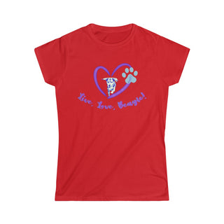 Live, Love, Beagle Women's Softstyle Tee in Red. The Live, Love, Beagle design features a dog running through a heart with the phrase "Live, Love, Beagle!" under it.