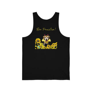 Bee Pawsitive Unisex Jersey Tank shirt in Black. Shown is back of shirt showcasing a dog dressed as as bee in a a field of sunflowers with the phrase "Bee Pawsitive!" above it. The front features the Bee Pawsitive Benefit Beagle Logo.