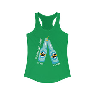 Beagle-Thirty Bottles Women's Racerback Tank in Kelly Green. The front of shirt showcases Two Paw Labeled Bottles clinking with the saying, "It's Beagle-Thirty". Back of shirt features corresponding Benefit Beagle Logo.