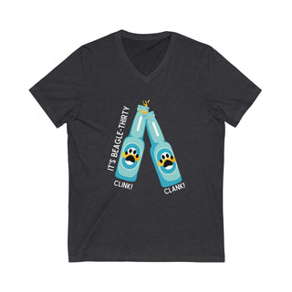 Beagle-Thirty Bottles Unisex Jersey Short Sleeve V-Neck Tee in Dark Grey Heather. The front of shirt showcases Two Paw Labeled Bottles clinking with the saying, "It's Beagle-Thirty". Back of shirt features corresponding Benefit Beagle Logo.