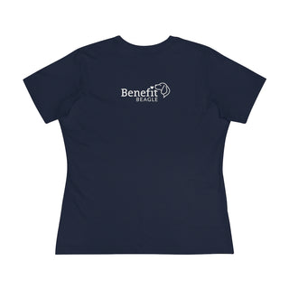 Signature Tattoo Roses Women's Premium Tee in Navy. Shown is back of shirt with the Benefit Beagle Logo. Front of shirt has the Signature Tattoo Roses design featuring a dog with roses around it and the phrase "Beagletude" and "Nothing is Impawssible".