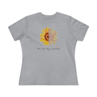 You are my Sunshine Women's Premium Tee shirt in Athletic Heather. Shown is the front showcasing a sunflower which is split down the middle and half is made out of paw prints. Underneath is the phrase "You are my Sunshine" . Back of shirt features the Sunflower Benefit Beagle Logo.