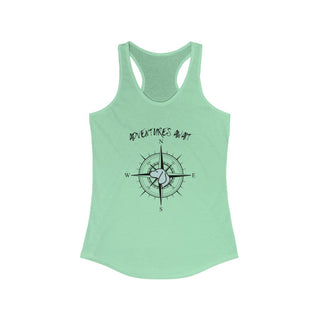 Adventures Await Women's Racerback Tank in Mint. The front of shirt features the Adventures Await design with a dog inside a nautical compass and the words "Adventures Await" above it. The back of the shirt has similar Benefit Beagle Logo.