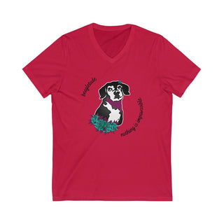 Signature Tattoo Roses Unisex Jersey Short Sleeve V-Neck Tee in Red. Shown is front of shirt with the Signature Tattoo Roses design featuring a dog with roses around it and the phrase "Beagletude" and "Nothing is Impawssible". Back of shirt features the Benefit Beagle Logo.