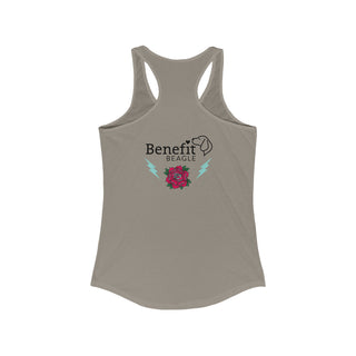 Stay Wild Women's Ideal Racerback Tank in Warm Grey. Shown is the back of shirt with Benefit Beagle Logo complete with Tattoo Rose. On front of shirt is Stay Wild Design featuring a tattoo style rose with the phrase "Stay Wild, Play Hard" around it.