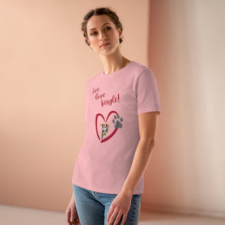 Live, Love, Beagle Women's Premium Tee in Pink. The Live, Love, Beagle design features a dog running through a heart with the phrase "Live, Love, Beagle!" above it.