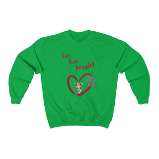 Live, Love, Beagle Crewneck Sweatshirt in Irish Green. The Live, Love, Beagle design features a dog running through a heart with the phrase "Live, Love, Beagle!" above it.