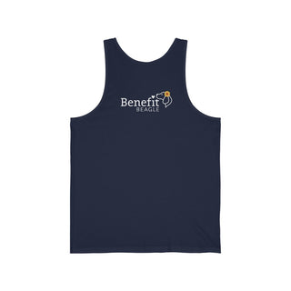 You are my Sunshine Unisex Jersey Tank in Navy. Shown is back of shirt featuring the Sunflower Benefit Beagle Logo. The front showcases a sunflower which is split down the middle and half is made out of paw prints. Underneath is the phrase "You are my Sunshine".