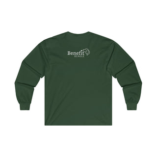 Easily Distracted Ultra Cotton Long Sleeve Tee in Forest Green. Shown is back design with the classic Benefit Beagle Logo. The front design features a dog waving with the saying "Easily Distracted by Dogs" below it.