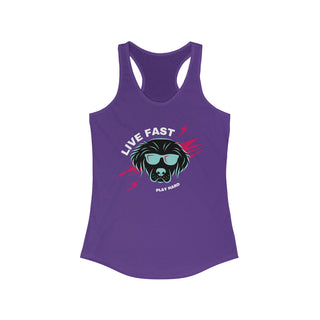 Play Hard Women's Ideal Racerback Tank in Purple Rush. The design features a cool dog with sunglasses and lightening bolts around it. The phrase "Live Fast, Play Hard" is around the design.