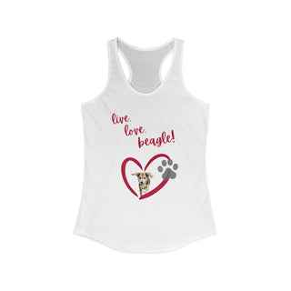 Live, Love, Beagle Women's Ideal Racerback Tank in White. The Live, Love, Beagle design features a dog running through a heart with the phrase "Live, Love, Beagle!" above it.