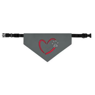 Live, Love, Beagle Dog Collar Bandana in Grey. The Live, Love, Beagle design features a heart with a paw print. Comes with black adjustable collar.