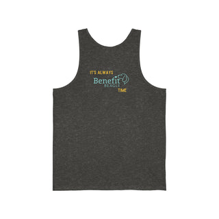 Beagle-Thirty Bottles Unisex Jersey Tank in Charcoal Black Triblend. The front of shirt showcases Two Paw Labeled Bottles clinking with the saying, "It's Beagle-Thirty". Back of shirt features corresponding Benefit Beagle Logo.