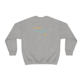 Beagle-Thirty Bottles Unisex Heavy Blend Crewneck Sweatshirt in Sport Grey. Shown is back of shirt featuring "Beagle-Thirty" Benefit Beagle Logo. The front Showcases Two Paw Labeled Bottles clinking with, "It's Beagle-Thirty" written next to it.