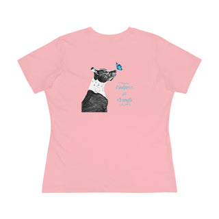 Lincoln Butterfly Women's Premium Tee in Pink. Shown is back of shirt design showcasing profile of a dog with a blue butterfly on its nose and the phrase "Kindness is Strength" next to it. The front of shirt has Benefit Beagle Logo kissed by a Butterfly.